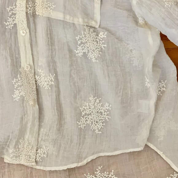 Peach semi sheer blouse SZ L with pocket embroidery and long sleeves Hi-Low hem - Picture 3 of 7